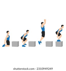 Hombre haciendo ejercicio de salto de rodilla a caja o de salto de potencia. Ilustración vectorial plana aislada en fondo blanco 