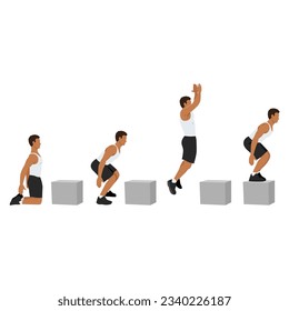 Man doing knee to box jump squat or power jump exercise. Flat vector illustration isolated on white background