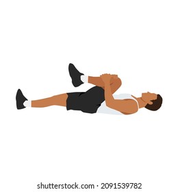 Man doing Knee to chest. lower back stretch exercise. Flat vector illustration isolated on white background