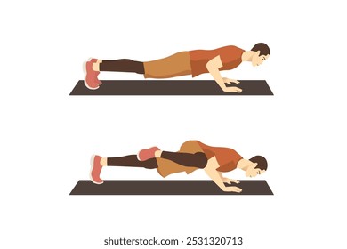 Homem fazendo exercício de flexão de joelho para cotovelo em 2 passos. ilustração sobre diagrama de treino abdominal.