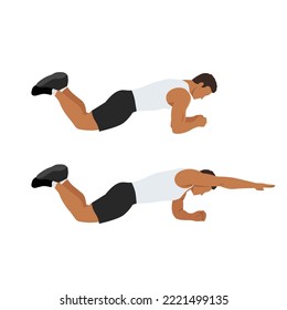 Man doing Knee plank or reach with swimmer pose exercise. Flat vector illustration isolated on white background