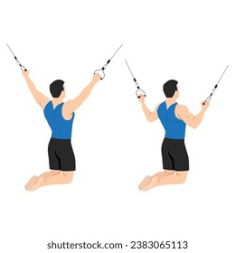 Man doing kneeling cable lat pulldown exercise. Flat vector illustration isolated on white background