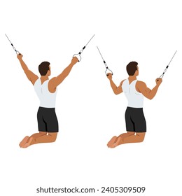 Man doing kneeling cable lat pulldown exercise. Flat vector illustration isolated on white background