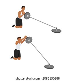 Man doing Kneeling T bar presses. Landmine presses exercise. Flat vector illustration isolated on white background