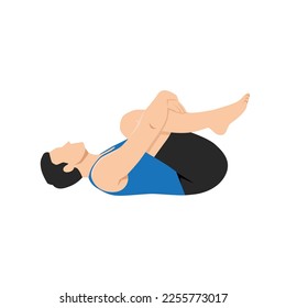 Man doing knees to chest pose apanasana exercise. Flat vector illustration isolated on white background