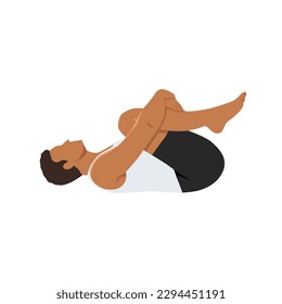 Man doing knees to chest pose apanasana exercise. Flat vector illustration isolated on white