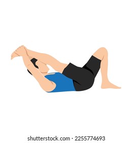 Man doing krounchasana. Male yogi in heron pose. Intense hamstring stretch. Boy with leg up and hands holding foot. Flat vector illustration