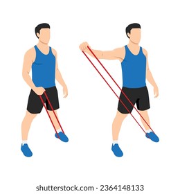 Man Doing Lateral Raise Home Workout Exercise with Thin Resistance Band Guidance. Flat vector illustration isolated on white background