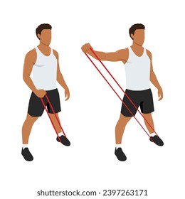 Man Doing Lateral Raise Home Workout Exercise with Thin Resistance Band Guidance. Flat vector illustration isolated on white background