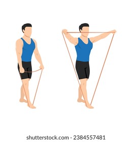 Man doing lateral raises with resistance band exercise. Flat vector illustration isolated on white background