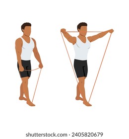 Man doing lateral raises with resistance band exercise. Flat vector illustration isolated on white background