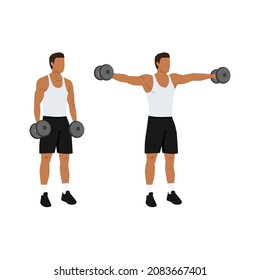 Man doing Lateral side shoulder dumbbell raises. Power partials exercise. Flat vector illustration isolated on white background