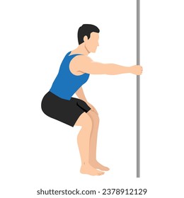 Hombre haciendo latissimus dorsi estiramiento trasero. Hombre sujetando la barra estática. Ilustración vectorial plana aislada en fondo blanco