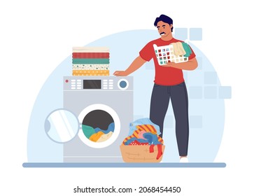 Man doing laundry in washing machine, flat vector illustration. Housework, household chores, housekeeping.