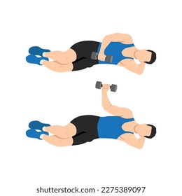 Man doing laying dumbbell external shoulder rotation. Flat vector illustration isolated on white background