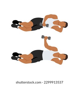 Man doing laying dumbbell external shoulder rotation. Flat vector illustration isolated on white background