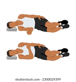 Man doing laying dumbbell internal shoulder rotation. Flat vector illustration isolated on white background. Flat vector illustration isolated on white background