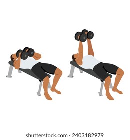 Man doing laying dumbbell svend press exercise. Flat vector illustration isolated on white background