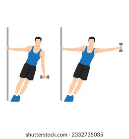 Man doing leaning one arm or single handed dumbbell lateral hammer raise exercise. Flat vector illustration isolated on white background