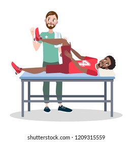 Man doing leg massage to male runner or footbll player in red shorts in massage room. Sport and healthy lifestyle. Isolated flat vector illustration