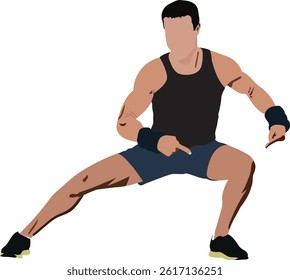 Man doing Leg muscle exercise in front of a white background. 