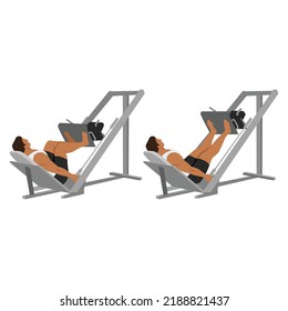 Man doing leg press exercise on machine. Flat vector illustration isolated on white background