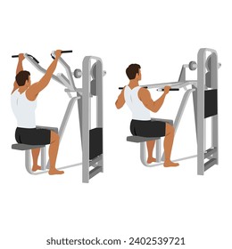 Man doing lever front pulldown, lat machine pull down. Flat vector illustration isolated on white background