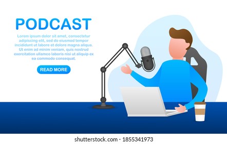 A man is doing live podcasts on his laptop. Live streaming, broadcast flat. Vector stock illustration.