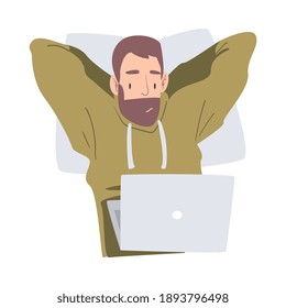 Man Doing Live Podcasts on his Laptop Computer Cartoon Style Vector Illustration