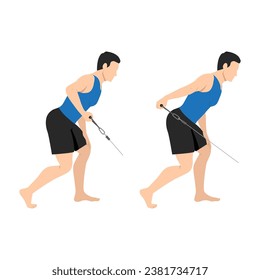 Hombre haciendo extensiones de tricep de baja polea. Ejercicio de retroceso del tricep por cable. Ilustración vectorial plana aislada en fondo blanco