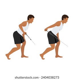 Man doing low pulley tricep extensions. Cable tricep kickback exercise. Flat vector illustration isolated on white background