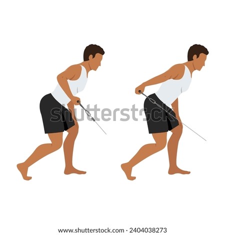 Man doing low pulley tricep extensions. Cable tricep kickback exercise. Flat vector illustration isolated on white background