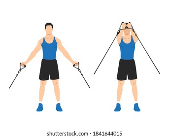 Man doing low upward cable pulley crossover chest flyes. Flat vector illustration isolated on White background