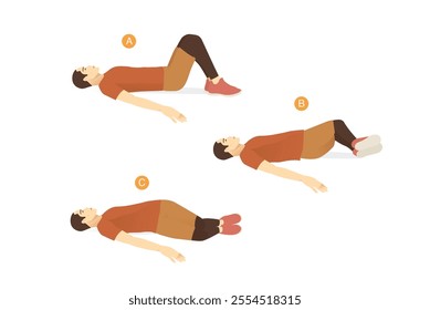 Man doing Lower Trunk Rotation Hip Internal Focus exercise for Rehabilitation and Flexibility. Lying on back and raising knees up for bend and twist into the side.Can help therapy Piriformis syndrome.