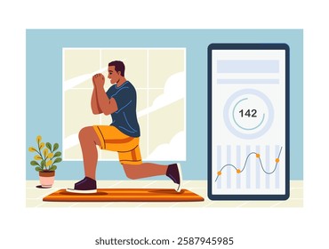 Man doing lunges in a home gym with a fitness tracking app on a smartphone screen. The room has a window, indoor plant, and yoga mat. Concept of home workout and health monitoring. Vector illustration