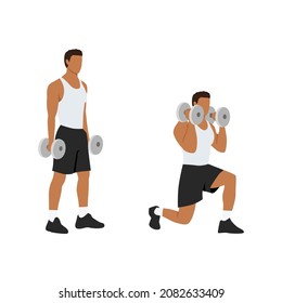 Man doing Lunging. Lunge with bicep hammer curls exercise. Flat vector illustration isolated on white background