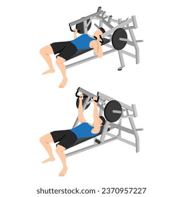 Man doing lying chest press machine exercise on a weight machine. Flat vector illustration isolated on white background