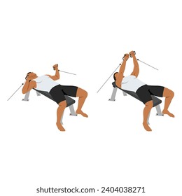 Man doing lying crossover bench press. Cable crossover press. cable flies exercise. Flat vector illustration isolated on white background