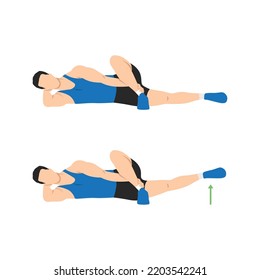 Man Doing Lying Crossover Leg Lift Exercise In 2 Steps. Illustration About Workout Diagram For Muscles Stretch, Leg, Thing, Hip. Flat Vector Illustration Isolated On White Background