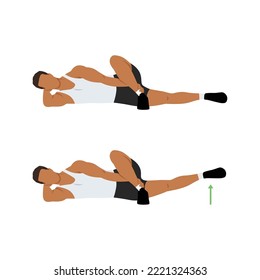 Man Doing Lying Crossover Leg Lift Exercise In 2 Steps. Illustration About Workout Diagram For Muscles Stretch, Leg, Thing, Hip. Flat Vector Illustration Isolated On White Background