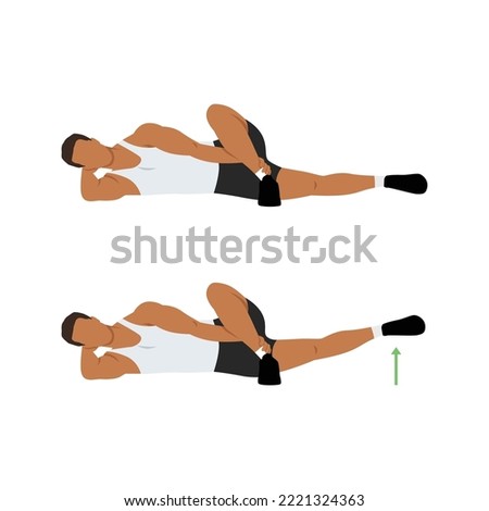Man doing Lying Crossover Leg Lift Exercise in 2 steps. Illustration about workout diagram for muscles stretch, leg, thing, hip. Flat vector illustration isolated on white background