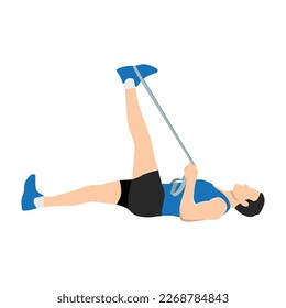 Man doing Lying Hamstring stretch with elastic band exercise. Flat vector illustration isolated on white background