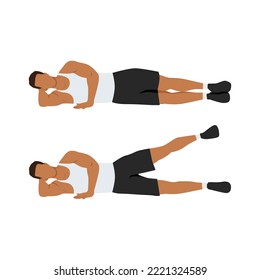 Man doing Lying side leg lifts or lateral raises hip abductors or adductors. Leg Raise Exercise in 2 step. Flat vector illustration isolated on white background