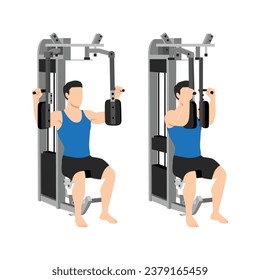 Man doing Machine bent arm chest fly exercise. Butterflies, pec deck, seated machine flyes. Flat vector illustration isolated on white background