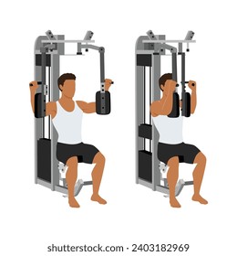 Man doing Machine bent arm chest fly exercise. Butterflies, pec deck, seated machine flyes. Flat vector illustration isolated on white background