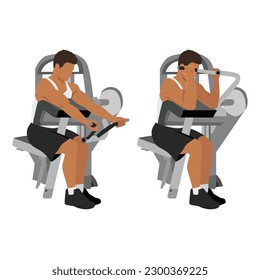 Hombre haciendo un predicador de bicep automático o curls de concentración, ejercitando bíceps de brazo. aislado sobre fondo blanco y capas. Carácter de entrenamiento. Ilustración vectorial plana aislada en fondo blanco