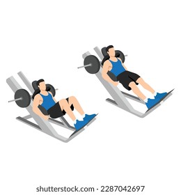 Man doing machine hack squat exercise. Flat vector illustration isolated on white background