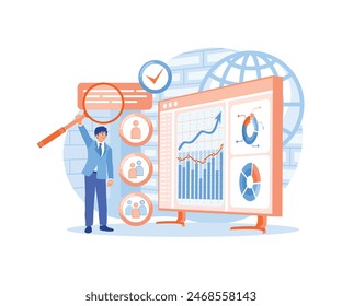 Man doing market research. Develop ideas to improve business targets. Market Research concept. lat vector illustration.