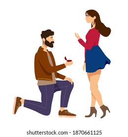 hombre haciendo proposición matrimonial a la mujer aislada en ilustración blanca, vectorial