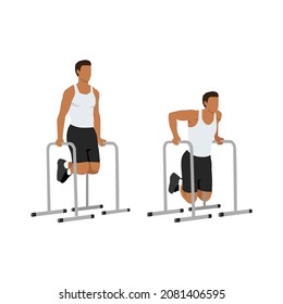 Hombre haciendo ejercicio de maestría de goteo de tricep. Ilustración vectorial plana aislada en fondo blanco. conjunto de caracteres de entrenamiento